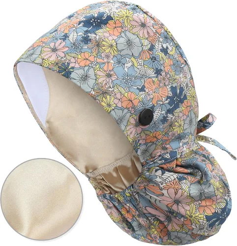 Vista 41 de QBA Gorra de trabajo ajustable con botón, gorro forrado de satén, gorro de trabajo de algodón, banda elástica para atar en la espalda, unisex