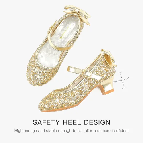 Vista 6 de Dufannie Zapatos de vestir para niñas, zapatos de tacón bajo de princesa, zapatos planos con purpurina para bodas y fiestas