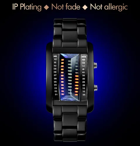 Vista 6 de Reloj digital digital para hombre, diseño de matriz binaria creativa, resistente al agua, de acero inoxidable, de plata militar