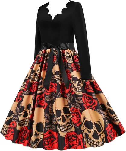 Vista 2 de Vestido de Halloween para mujer 2022 con cuello en V y cremallera de manga larga con panel