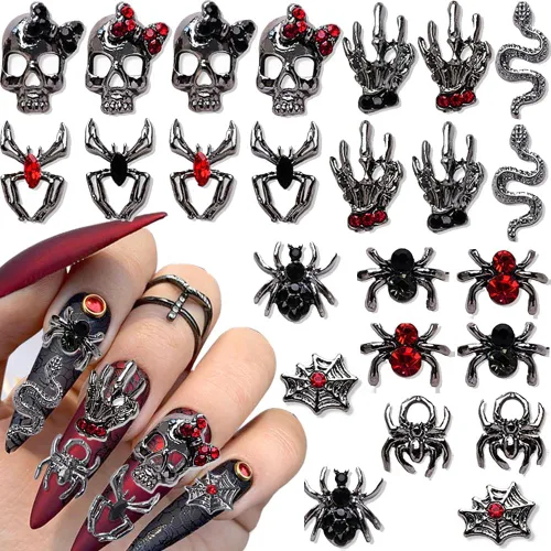 Vista 10 de 12 dijes de uñas de Halloween para uñas acrílicas, cuchillo de sangre de terror 3D, tijeras, hacha, dijes de Halloween para uñas, cuchillos 12