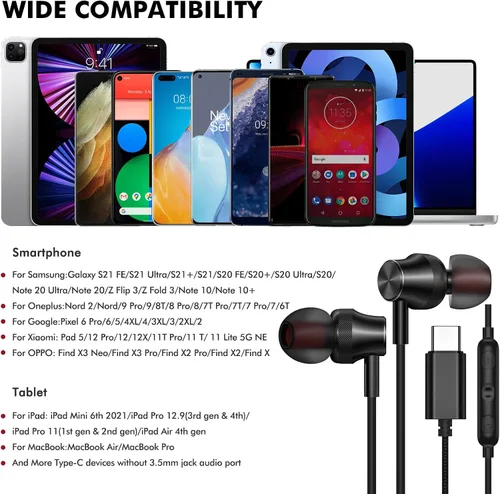 Vista 4 de Auriculares USB C con cable para Google/Pixel 10 10a 9 8 8A 7 7A 6A para iPhone 17 17e Air 16 Pro Max 16e 15 Plus Auriculares con cable para Negro