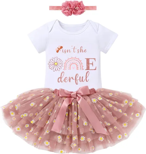 Vista 13 de ODASDO Conjunto de 3 piezas de mameluco de manga corta de algodón con estampado de flores, falda tutú, corona y diadema Rosa bebé