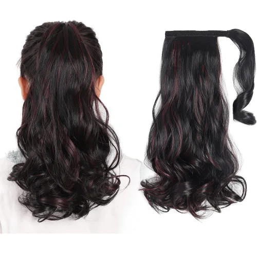 Vista 21 de Extensiones de cabello para cola de caballo, extensión de cola de caballo roja de 16 pulgadas, corta, ondulada, rizada, envolvente, cola de caballo