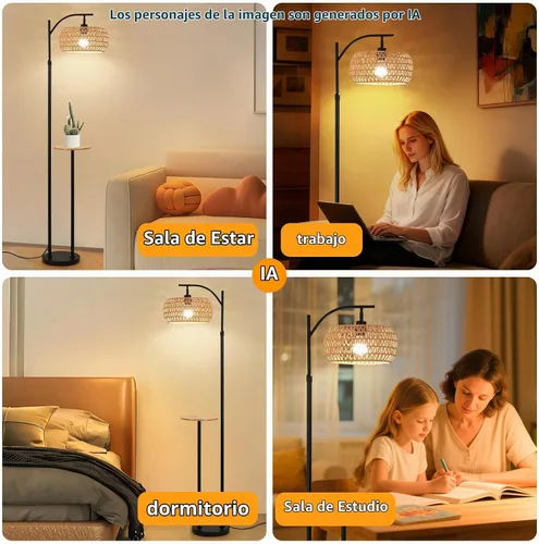 Vista 7 de Lámpara de pie bohemia con estante de madera, bombilla inteligente regulable de 9 W incluida, lámpara de pie con control remoto con mesa, lámpara