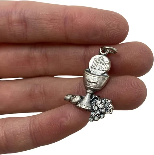 Vista 3 de Regalo de la primera comunión, medalla en tono plateado, colgante de cuerpo y sangre de Cristo, colgante religioso católico para collares