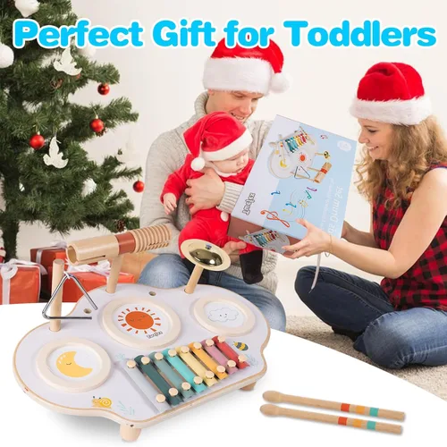 Vista 7 de Twefex Juego de batería para niños, juego de batería 9 en 1 para niños pequeños, instrumentos musicales Montessori, juguete para bebés, juguetes