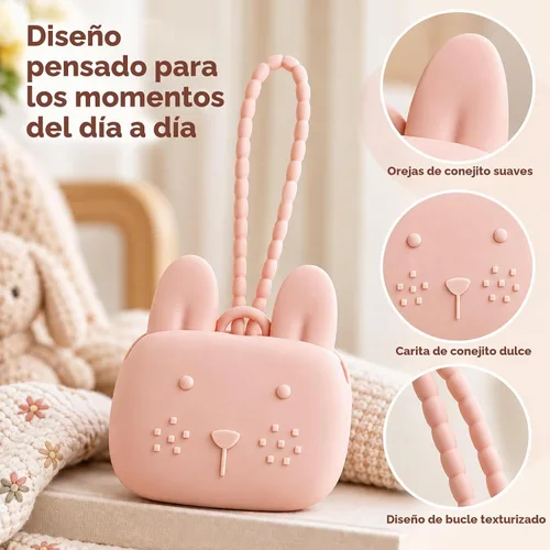 Vista 7 de ROCCED Funda de silicona para chupetes con diseño de conejito con correa de silicona suave, almacenamiento de viaje para cochecito y bolsa
