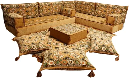 Vista 165 de arabicsofa Juego de asientos Jalsa en forma de L – Majlis árabe hecho a mano con almohadas de respaldo