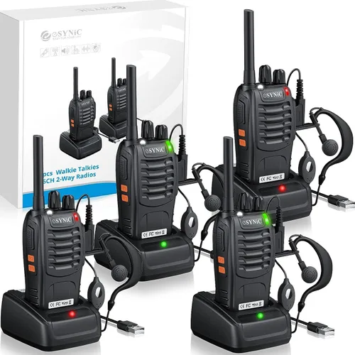Vista 10 de eSynic Walkie Talkies recargables con auriculares, 2 radios bidireccionales de largo alcance de 16 canales USB de carga, transceptor de mano Walky