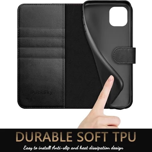 Vista 6 de DuckSky Funda tipo cartera de piel auténtica para iPhone 11 Pro con bloqueo RFID, 4 tarjeteros de crédito. Cuero auténtico. Funda protectora