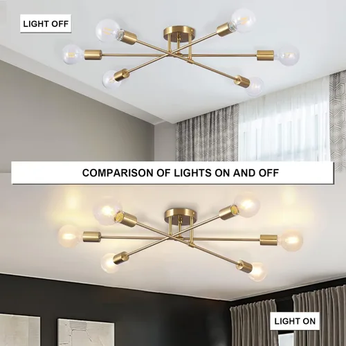 Vista 6 de Lámpara de techo semiempotrada, lámparas de araña Sputnik modernas de 6 luces en latón con base E26, lámparas de cocina estilo granja vintage