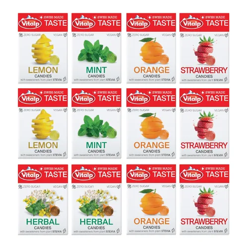 Vista 13 de Vitalp Sabor, Hecho en Suiza, Caramelo Sin Azúcar con Stevia, Vegano, Sabor a Cereza, Paquetes de 25g/0.88 Onzas, 16 Cajas