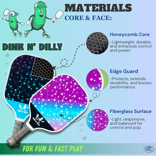 Vista 2 de Dink N' Dilly Pickleball Paddle USAPA Approved Lightweight with Cushion Grip, Ideal for All Skill Levels, Premium Quality Paddle and Balls for 2