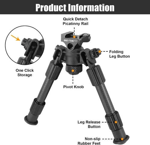 Vista 4 de Bípode de fibra de carbono portátil resistente y duradero para rifles altura ajustable para accesorios de caza de tiro