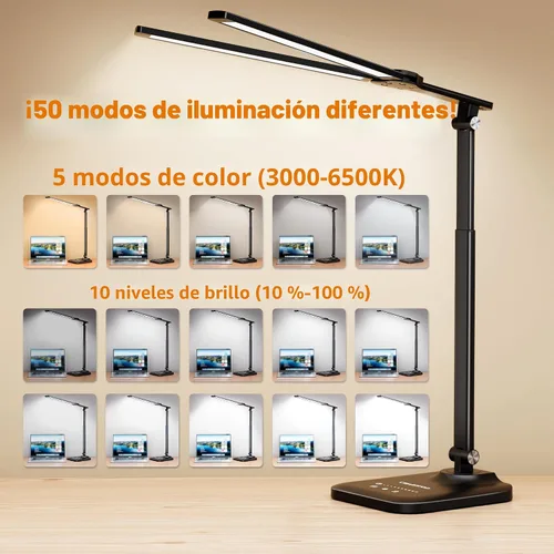 Vista 4 de CHARYJOD - Lámpara LED de escritorio para oficina en casa, luz de escritorio de arquitecto de altura ajustable con adaptador USB, lámpara de Negro