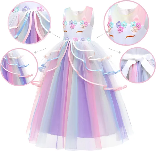 Vista 4 de Vestido de princesa unicornio, para niñas pequeñas, disfraz, joyas y diadema