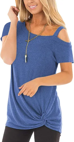 Vista 2 de Temofon - Camisetas de mujer, sin hombros, camiseta de verano informal, de manga corta, con diseño de nudo trasero y hombros desnudos, tallas S a 2XL