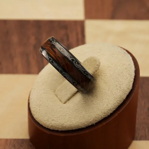Vista 3 de 100S JEWELRY Anillos de tungsteno para hombres y mujeres con incrustación de barril de whisky, estilo vintage, diseño barroco, hoja, negro, anillo