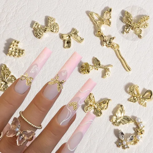 Vista 7 de Nail Art Studs 3D Nail Charms Sparkle Butterfly Nail Charms Gold Studs Rhinstones Pearl Mix Shape Butterfly Flower 3D Nail Jewelry Studs Decor Kit