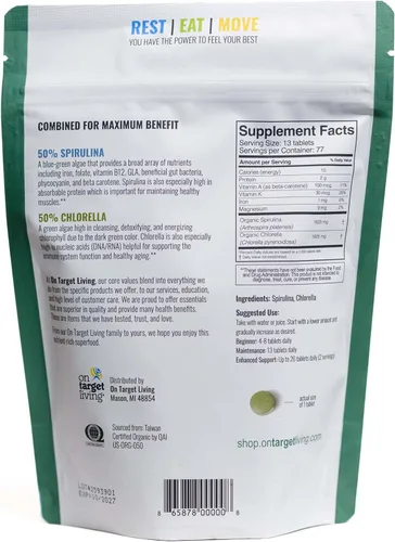 Vista 6 de On Target Living Espirulina Chlorella orgánica Supergreens USDA Organic 1000 tabletas - 250 g (8.8 oz) Vegano Apoyo inmunológico