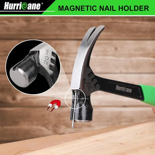 Vista 3 de HURRICANE Martillo de garra de 20 onzas con soporte magnético para clavos, martillo de garra recta con mango absorbente de golpes, martillo forjado
