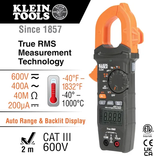 Vista 2 de Klein Tools CL320 - Medidor de pinza digital de HVAC, rango automático de 400 amperios CA, voltaje AC/DC, TRMS, microamperios de CC, resistencia