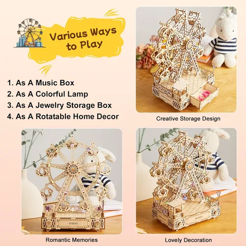 Vista 5 de Rompecabezas de madera 3D para adultos con música, kit de construcción de modelo de rueda de fortuna, pasatiempos de modelo de madera