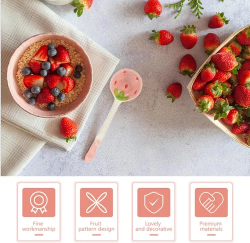 Vista 9 de Housoutil Juego de 2 cucharas de cerámica de fresa de mango largo con patrón de frutas para café, té, yogur, helado, cubiertos de cocina
