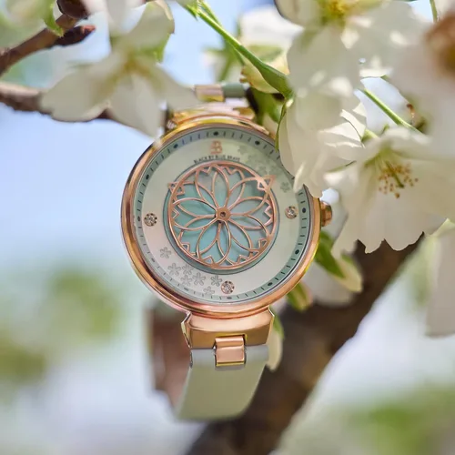 Vista 3 de Relojes de Mujer Flor de Cerezo Reloj de Mujer Esfera de Madreperla Reloj de Dama con Correa de Cuero Forma de Pétalo Sakura Relojes de Flor