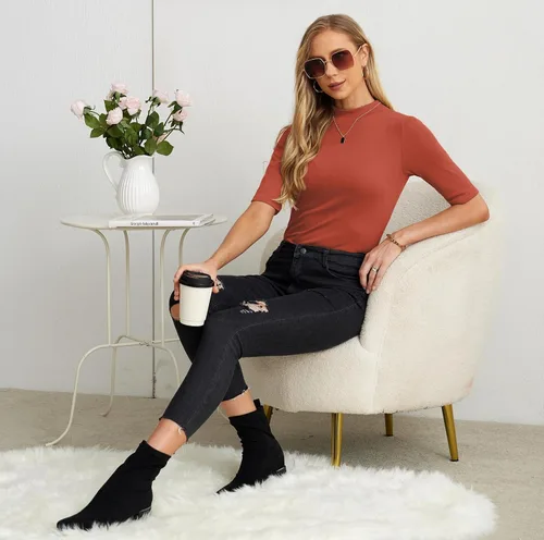 Vista 5 de PrinStory Camisetas de manga corta para mujer, para otoño, de negocios, elegantes, casuales, sin botones, a la moda 2023