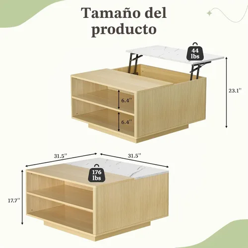 Vista 2 de Mesa de centro elevable con almacenamiento, mesa cuadrada central de madera natural estriada con almacenamiento abierto, mesa central para sala
