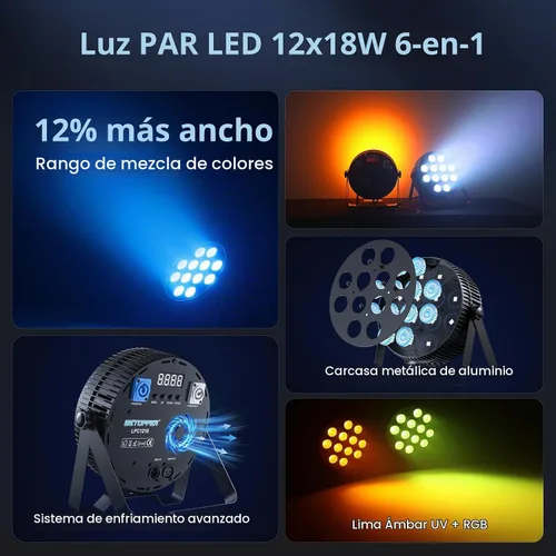 Vista 3 de Betopper Luz LED de escenario de 12 x 18 W, 6 en 1 RGBAL+UV DJ Par Lights-1