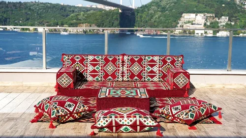 Vista 2 de arabicsofa Juego de sofá de dos plazas étnico individual – Funda lavable estilo bohemio cojines de suelo con sofá otomano