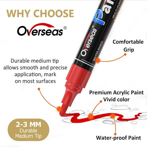 Vista 2 de Overseas - Marcadores de pintura acrílica negra, paquete de 8, bolígrafos de pintura de punta media Waterproof, Quick Dry, Fade Resistant, Non