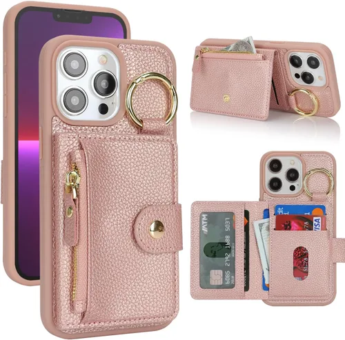 Vista 7 de Funda para iPhone 14 Plus con tarjetero, color negro Funda con cremallera y ranura para mujer y hombre