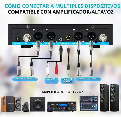 Vista 9 de Sistema de micrófono inalámbrico profesional de 4 canales, auriculares de mano inalámbricos de metal UHF, micrófonos de solapa para cantar karaoke