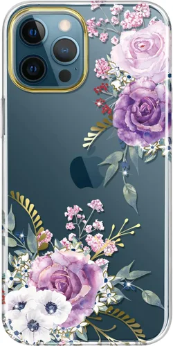 Vista 7 de Funda transparente compatible con iPhone 12 Pro iPhone 12 con purpurina y diseño de flores protectoras, a prueba de golpes, delgada, de poliuretano