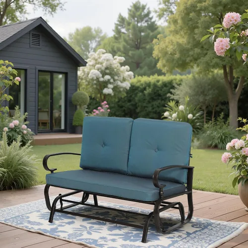Vista 4 de Banco al aire libre para patio, mecedora de 2 asientos, mecedora de hierro forjado para patio exterior con cojín (azul)