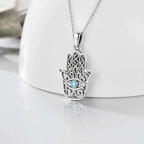 Vista 3 de MBSUUH Hamsa - Collar de mano de plata de ley 925 con dije de Fátima Hamsa para mujer, Metal, Circonia cúbica
