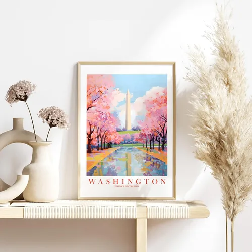 Vista 4 de ColorAndFlair Washington DC Travel Print Souvenir - Póster retro de DC para pared, diseño de monumento a Washington, pintura de paisaje