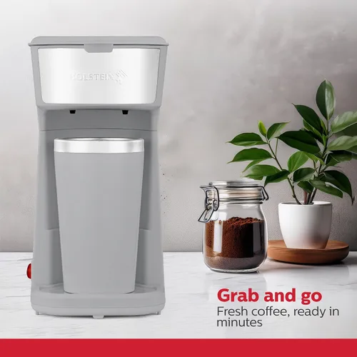 Vista 4 de Holstein Housewares Cafetera personal con taza de viaje de 14 onzas, máquina compacta de un solo toque con filtro reutilizable, apagado automático
