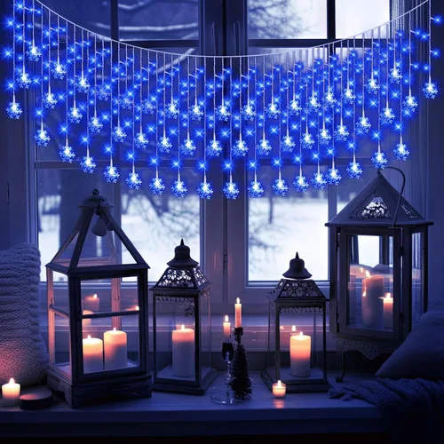 Vista 7 de Aurelema Luces de carámbano de copo de nieve de Navidad, 33 pies, luces de copo de nieve para exteriores con control remoto, 8 modos, impermeables