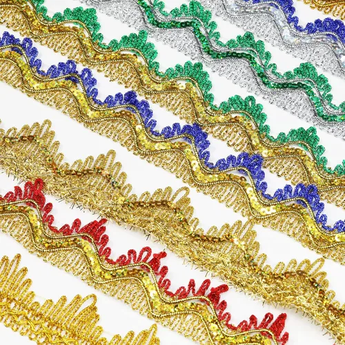 Vista 4 de Cinta larga de 14 yardas de ancho, 1.378 in/1.37 pulgadas, color oro azul con lentejuelas doradas, adorno de encaje decorado para manualidades, tela