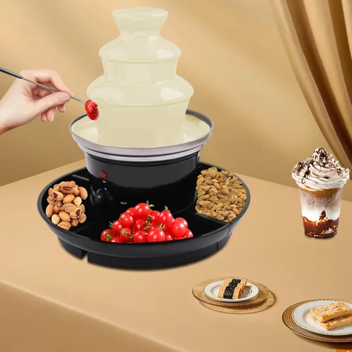Vista 4 de Fuente de chocolate de 3 niveles para fiestas, mini máquina de fondue de capacidad de 1 libra con 6 tenedores y bandeja, fuente de fiesta