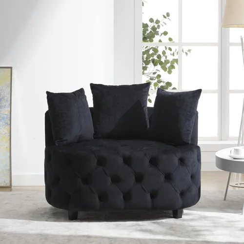 Vista 2 de HMFULE Silla de ocio moderna tapizada de terciopelo, silla giratoria con ruedas móviles y 3 almohadas para sala de estar (negro)