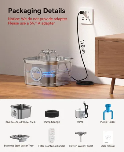 Vista 8 de Fuente de agua para gatos de acero inoxidable, 2.8 L con bomba ultra silenciosa de 20 dB, ideal para mascotas tímidas, ventana LED de nivel de agua
