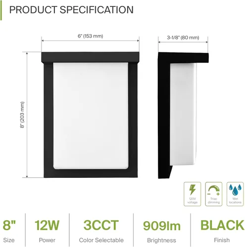 Vista 2 de ASD Lámpara LED de pared para exteriores de 8", aplique de casa para puerta delantera 3CCT, regulable, impermeable, certificada por ETL 12W