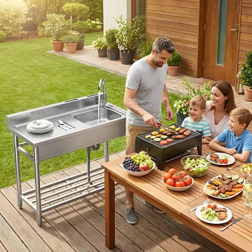 Vista 6 de Fregadero Utilitario de Acero Inoxidable LAFATI, Fregadero de Cocina Independiente de Acero Inoxidable 304 SUS de un Solo Tazón Con Estación