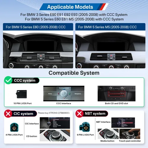 Vista 2 de XTRONS Estéreo de coche Android de 8.8 pulgadas para BMW Serie 3 E90-E93/5 Series E60 E61 M5 (2005-2008) Sistema CCC, pantalla táctil IPS 2+64GB